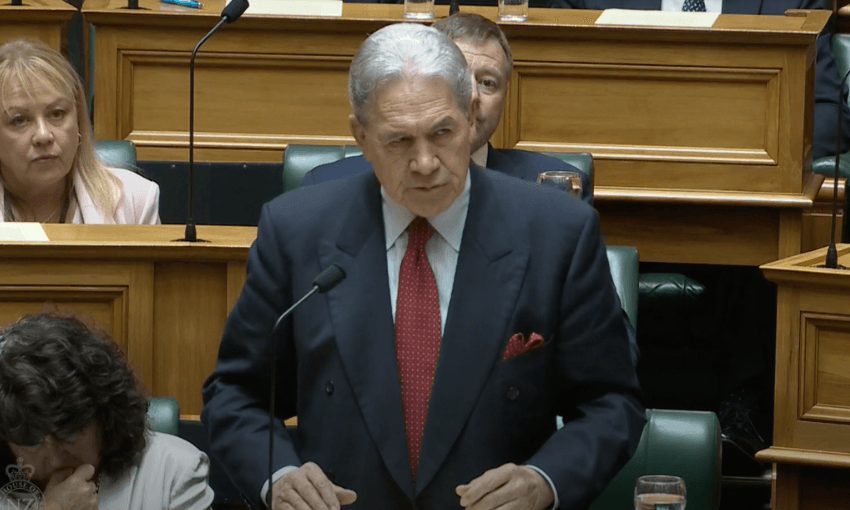 Winston Peters speaks to the House with furrowed brows.