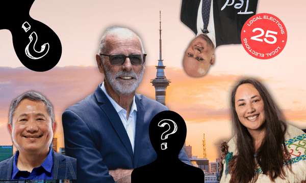 three men in suits and one woman in a korowai in a collage over a cityscape of Auckland