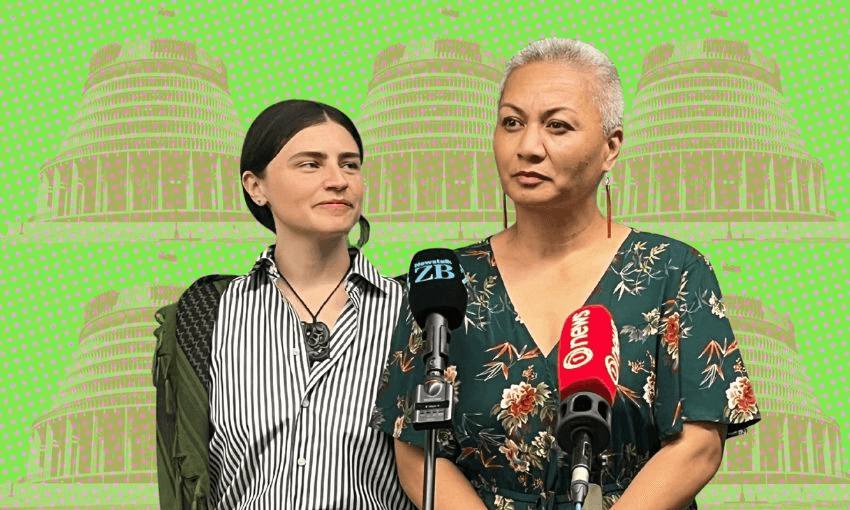 Green Party co-leaders Chloe Swarbrick and Marama Davidson stand side by side and superimposed over images of the beehive.