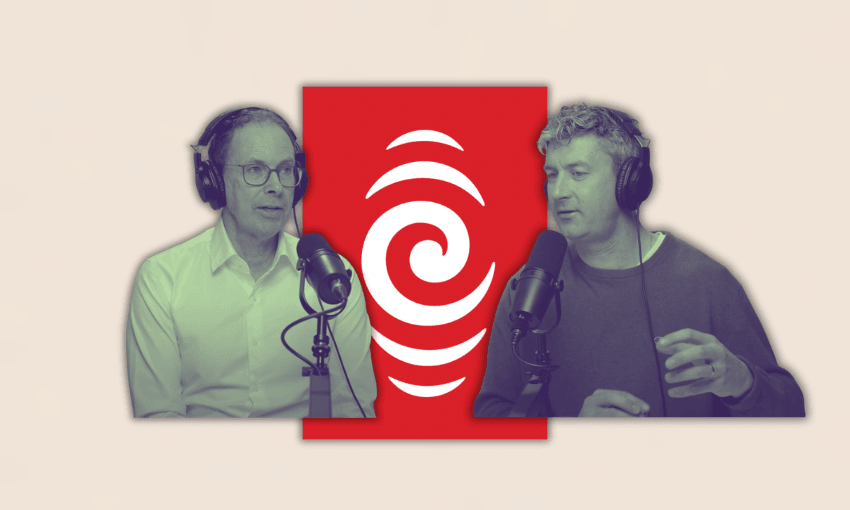 Two men wearing headphones speak into microphones in a podcast studio. A red rectangle with a white spiral logo is positioned between them, creating a visually striking background.