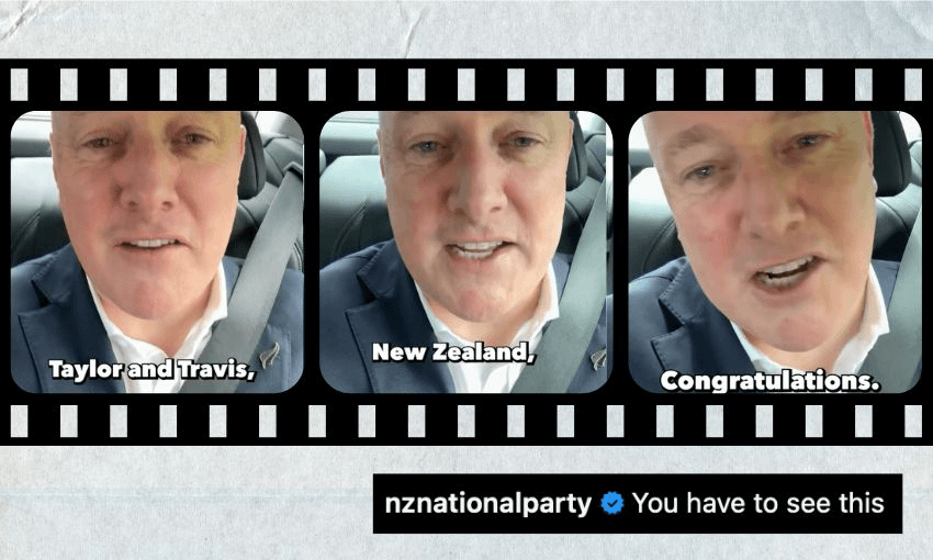 Screenshots from Christopher Luxon's video asking Taylor Swift and Travis Kelce to get married in NZ.