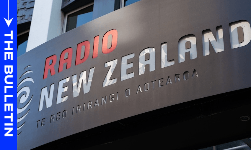 A sign for Radio New Zealand (NZ) with its Māori name “Te Reo Irirangi o Aotearoa” beneath, and a blue sidebar on the left reading “THE BULLETIN.”.