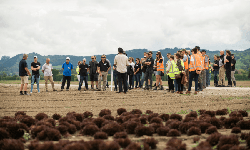 A group of people stands in a field, some wearing safety vests and others in casual clothing, listening to a speaker. Rows of crops are visible in the foreground, with hills and cloudy skies in the background.