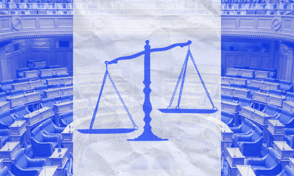 A blue-tinted illustration of balanced justice scales is superimposed over an image of an empty parliamentary chamber with rows of seats.
