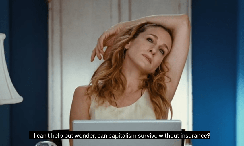 A woman in a sleeveless top leans back with one arm over her head, sitting at a laptop. The caption reads: "I can't help but wonder, can capitalism survive without insurance?.
