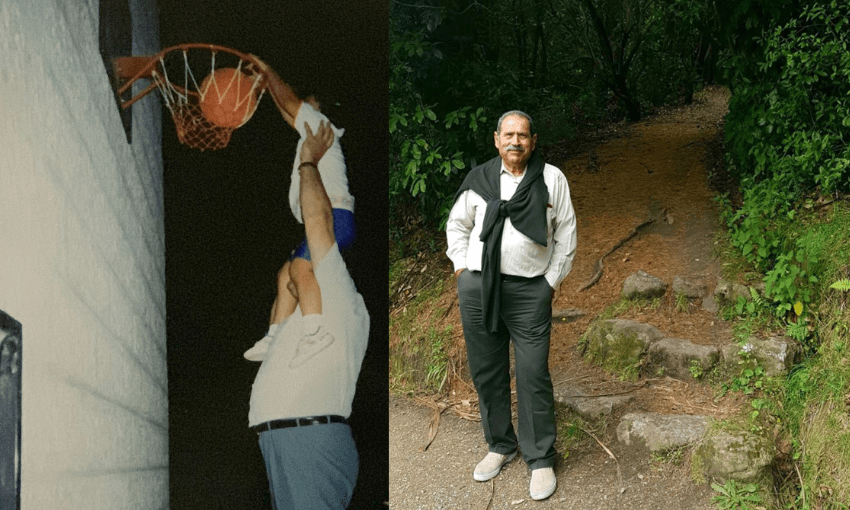 on the left, a man in jeans and a white shirt lifts a young girl up to a basketball hoop. On the right the same man, much older, wears a shirt and jeans in a hilly forest