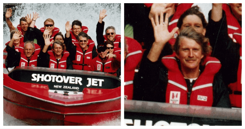 A two panel image with a wide shot of Peter Blake on the left, and a zoomed-in image of his composed wave on the right. 