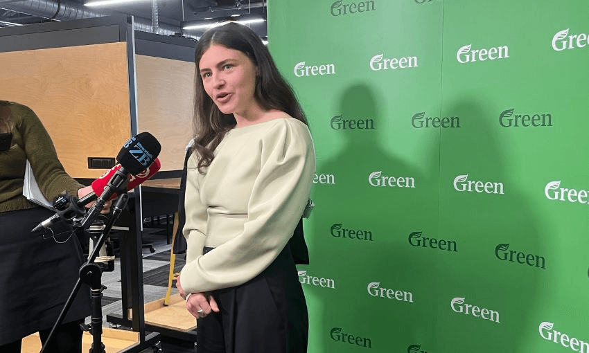 Chloe Swarbrick speaks to reporters at a Green Party standup.