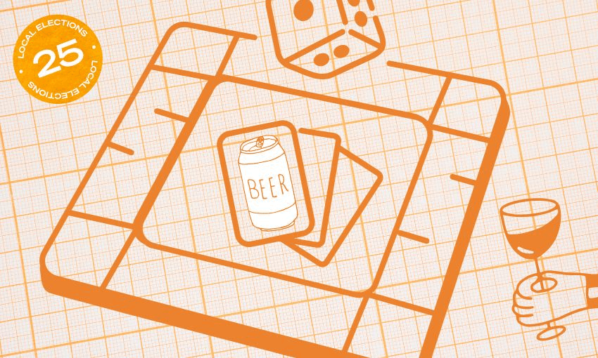 A sketch of a Monopoly-esque board game board with a beer in the middle.