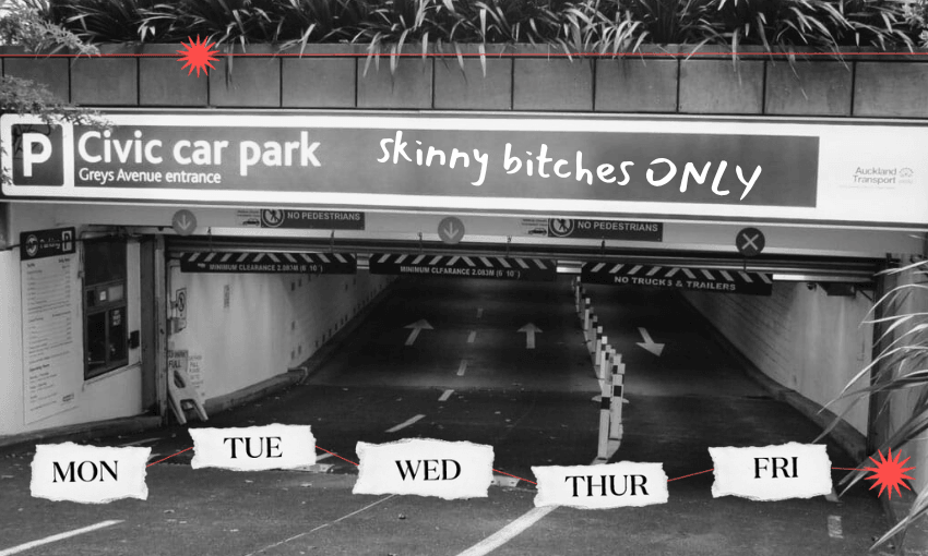 a black and white car park entrance with signage saying "Civic car park, skinny bitches only"