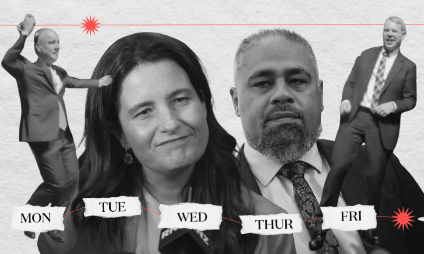 four portraits of Chris Luxon, Nicola Willis, Peeni Henare and Chris Hipkins in black and white