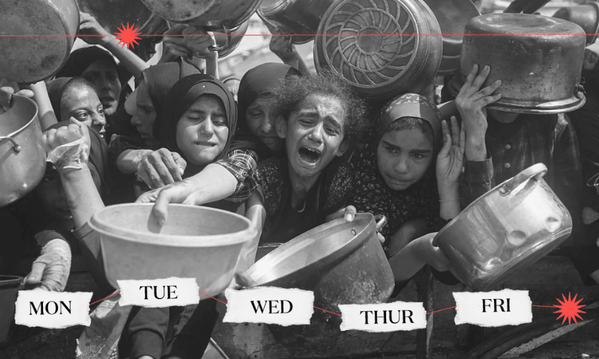 A group of children reach forward with empty pots and pans, their faces showing distress and urgency, as they crowd together in hopes of receiving food aid.