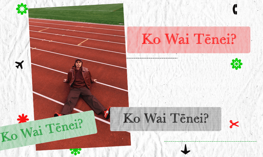 A person in maroon clothing lies on a running track. Around the photo are three text boxes asking, "Ko Wai Tēnei?" in different colours (red, green, grey) on a textured white background with doodles.