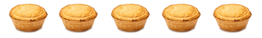 Five golden-brown meat pies are arranged in a row on a white background, each with a crimped crust and slightly domed top.