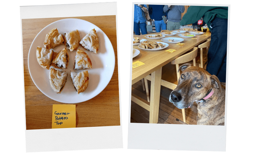 Left: A plate of golden, flaky pastries labeled "Gourmet Potato Top" on a wooden table. Right: A brown dog looks up beside a table with various plates of food and drinks, with several people standing nearby.