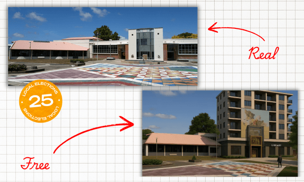 two images of a building, one a real photo showing a courtyard and a white building with glass and a low building alongside. The other showing an AI generated drawing of the same building with apartments rising above it
