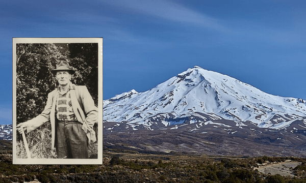 Mount Ruapehu in the distance with snow on its peak. inset an old portrait of a man wearing outdoors clothing and a floppy hat