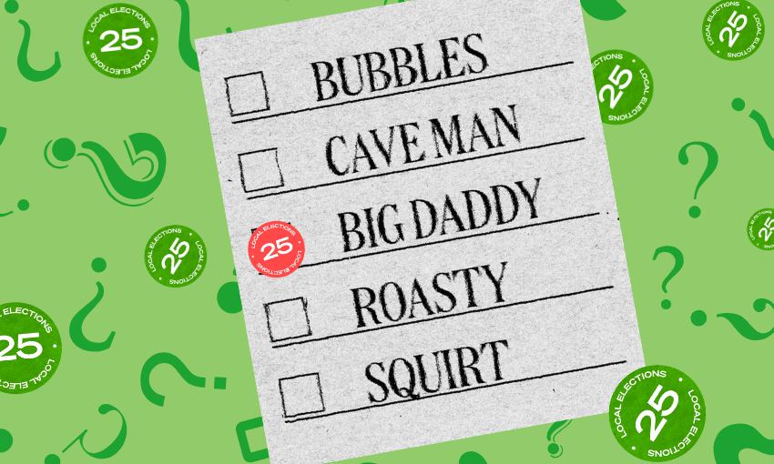A voting form sits against a green background with question marks. The form has a list of nicknames including "Bubbles" "Caveman" "Big Daddy" "Roasty and "Squirt"