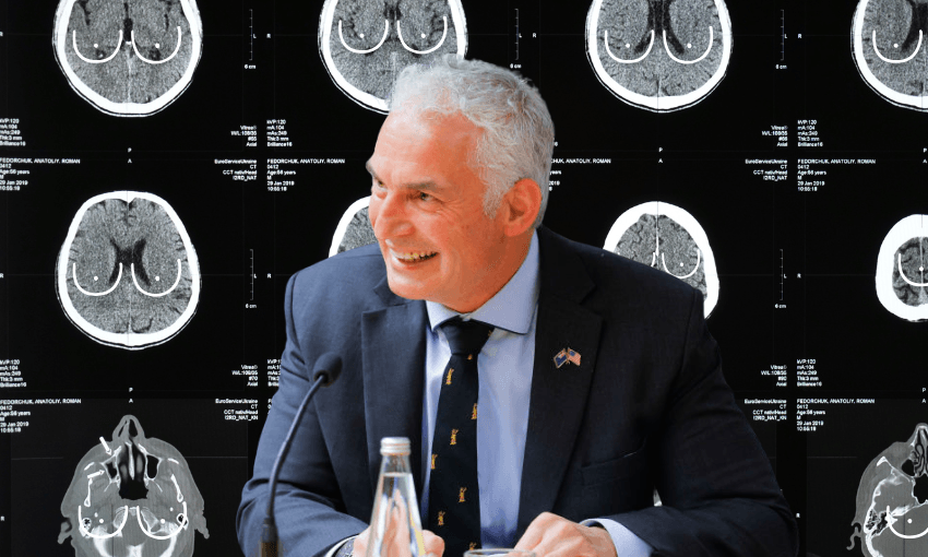 Stuart Nash against a background of brain scans with brains thinking about boobs