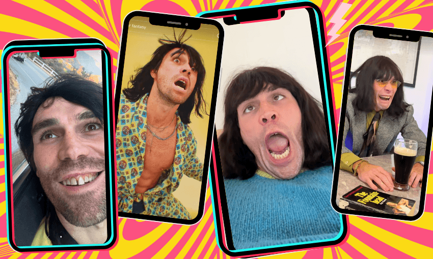 Against a psychadelic backgrounds, four phone screens show actor KJ Apa dressed as Mr Fantasy, wearing a brown wig and various vintage clothes