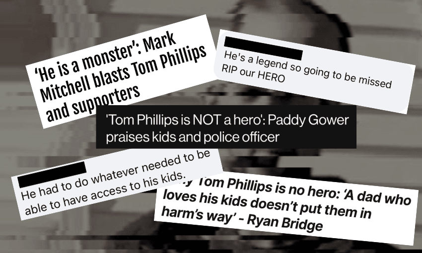 A black and white image of headlines from the media denouncing Tom Phillips, and social media comments supporting him
