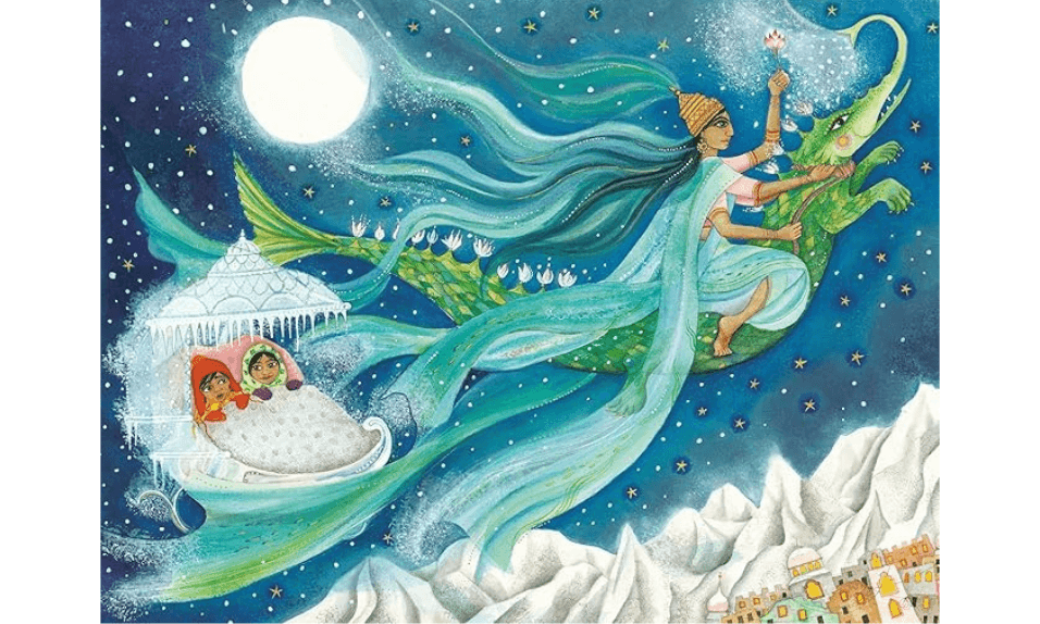 An internal illustration from the book Anya's quest, showing a woman with long hair and dress riding on a dragon, and children behind her in a bed with a parasol umbrella above them. The night sky is starry and there is a full moon.