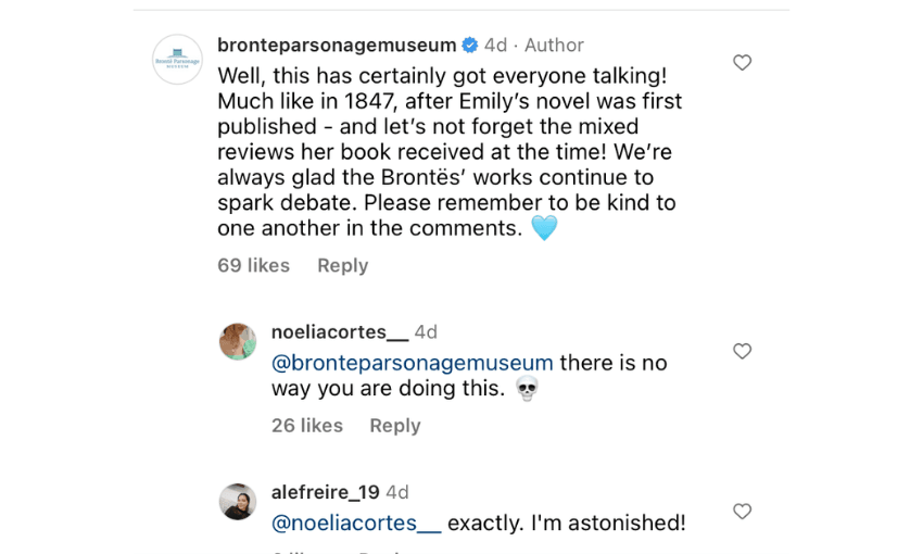 A screenshot of Instagram message by the Brontë Parsonage Museum who shared the Wuthering Heights film trailer and poster and received a lot of responses, mostly negative.