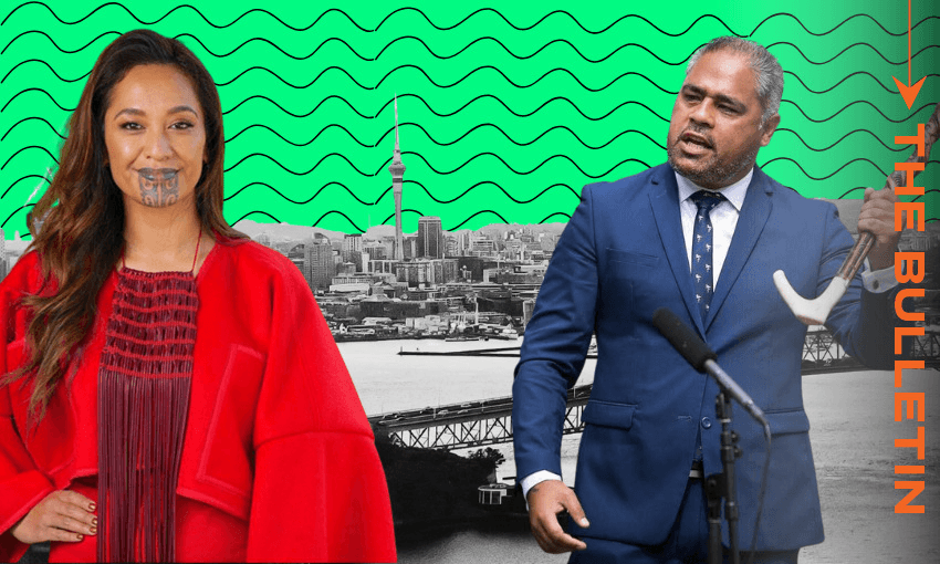 A woman in a red outfit with a chin moko and a man in a suit holding a taiaha stand in front of a black-and-white cityscape with a green wavy pattern above and the text "The Bulletin" on the right.