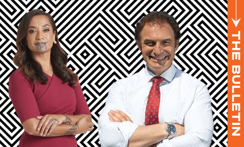 A woman with a tā moko on her chin and a man in a white shirt and red tie stand confidently in front of a black-and-white geometric maze background with "THE BULLETIN" text on the right.