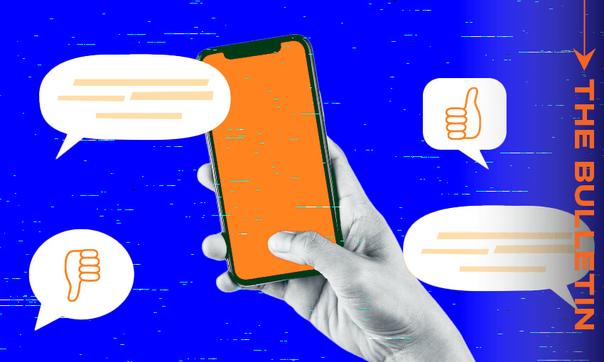 A hand holds a smartphone with an orange screen, surrounded by speech bubbles containing text lines, a thumbs up, and a thumbs down, against a blue background with "THE BULLETIN" text on the right.