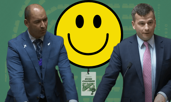 Two men in suits are speaking at podiums, with a large yellow smiley face between them. A green background shows text and logos, including "ECHO CHAMBER." The word "Logo" is written near one man, "Background" near the other.