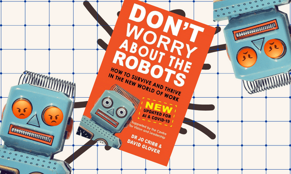 The cover of the book Don't Worry About the Robots which features a cartoon robot on it is flanked by those same cartoon robots except they have angry emojis for eyes.