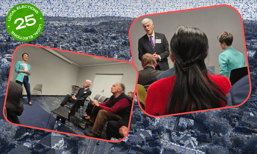 Two photos show a local election event: one with a woman speaking to seated attendees in a room, and another from behind the audience facing a man in a suit. A green "Local Elections 25" badge is overlaid in the corner.