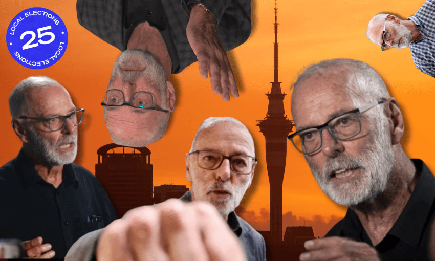A collage of an older man with a white beard and glasses in various poses is set against an orange sunset skyline with a tall tower; a blue "Local Elections 25" sticker appears in the corner.
