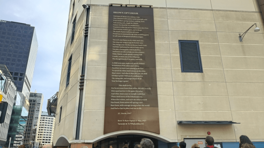 Brown Optimism by J.C. Sturm on the side of Te Matapihi.