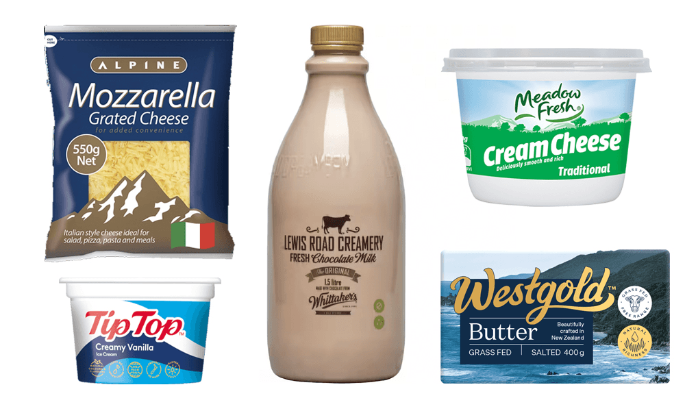 Dairy products by Alpine, Tiptop, Lewis Road Creamery, Meadow Fresh and Westgold.