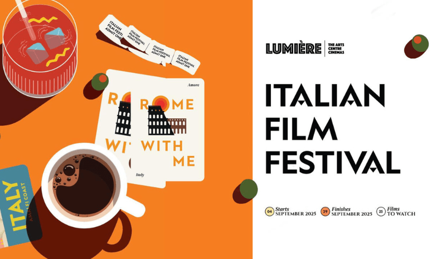 A promotional poster for the Italian Film Festival showing a graphic image of a coffee cup (black coffee), tickets, and a programme.