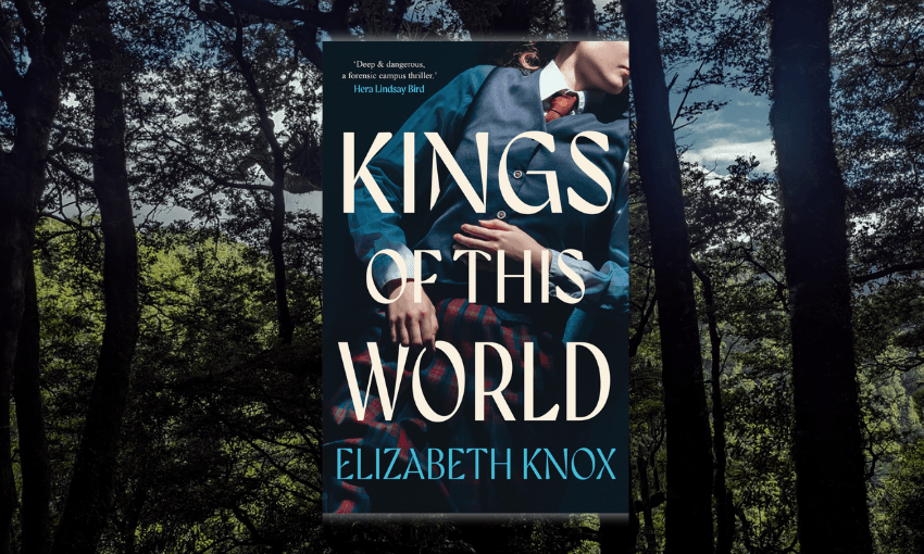 The cover of Kings of this World by Elizabeth Knox wit a background of trees, bush and sky behind it.