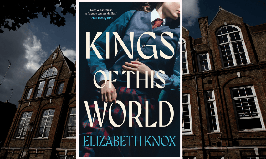 The cover of Elizabeth Knox's Kings of this World with a background of a gothic looking building and sky behind it.