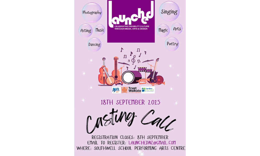 A promotional poster for the Launched festival celebrating disability culture. Features graphics of instruments, and a casting call.