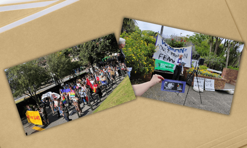 Two photos on a manila folder background. one shows a crowd of protesters walking and holding rainbow flags, the other shows a woman speaking at a microphone in front of a sign reading "woman = adult human female"