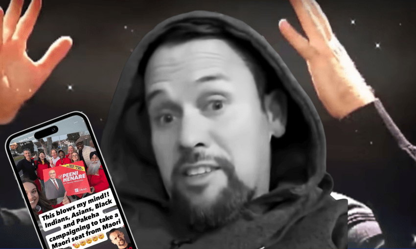 A man in a hoodie gestures with raised hands. In the foreground, a phone screen shows a group photo and text expressing surprise about people from various ethnicities taking a campaign photo for Māori seats.