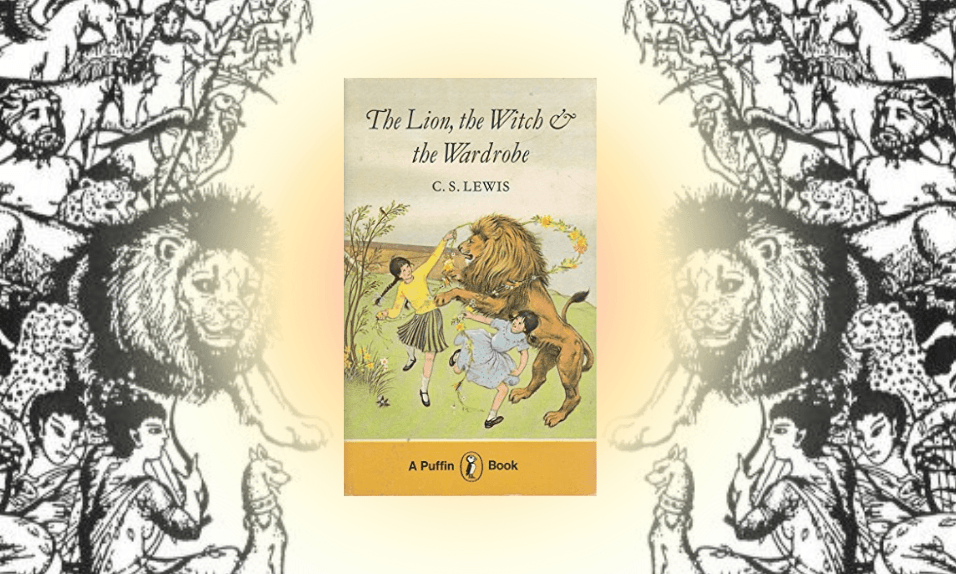 The cover image from a 1979 edition of The Lion, The Witch and The Wardrobe with illustrations of Aslan the lion surrounded by Narnian creatures on either side of it.