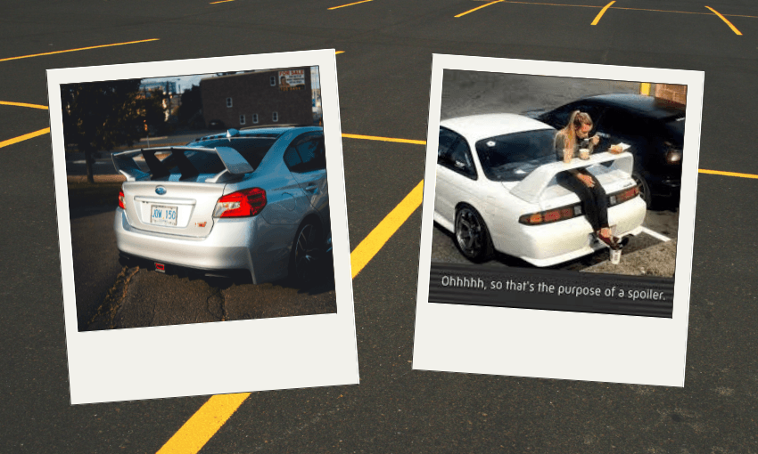 Two Polaroid-style photos: one shows the rear of a silver sports car with a large spoiler; the other shows a person sitting on the spoiler of a white car with a caption, "Ohhhh, so that’s the purpose of a spoiler.