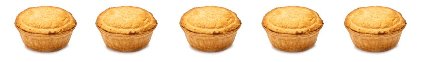 Five individual golden-brown pies are evenly spaced in a horizontal row on a white background.