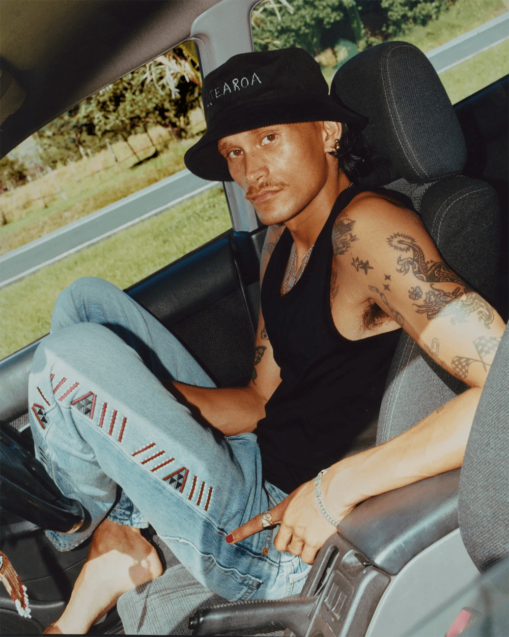 Manaaki's Rangi Tāniko emboidered jeans 