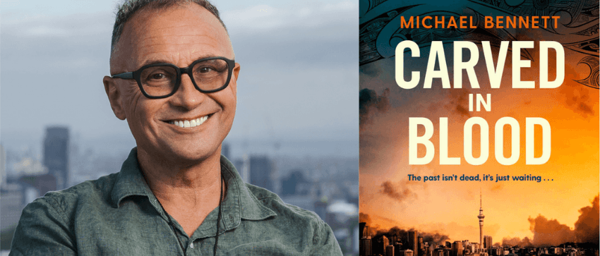 A photograph of Michael Bennett who is smiling and wearing glasses next to a cropped cover of his book called Carved in Blood.
