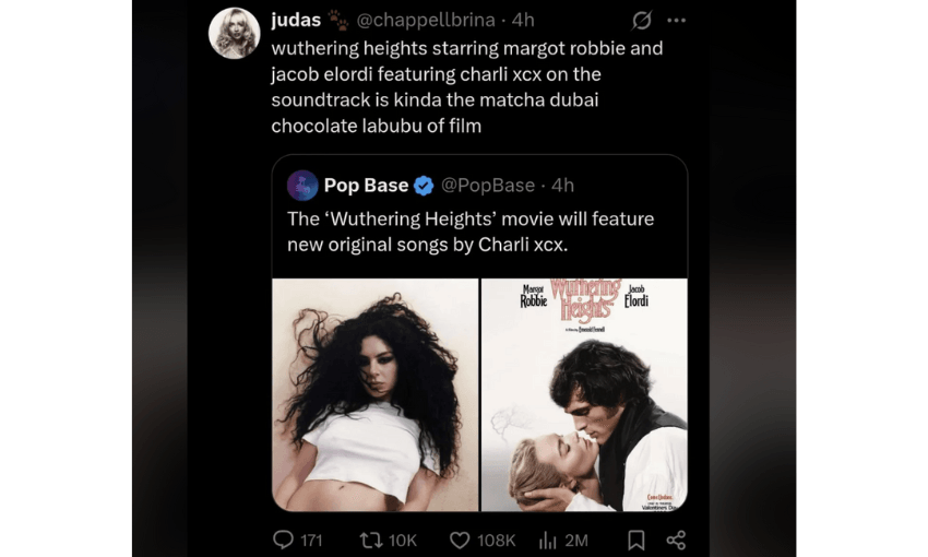 A screenshot of an X message that responds to the fact that Charli xcx has written new songs for the Wuthering Heights film adaptation to be released in 2026.