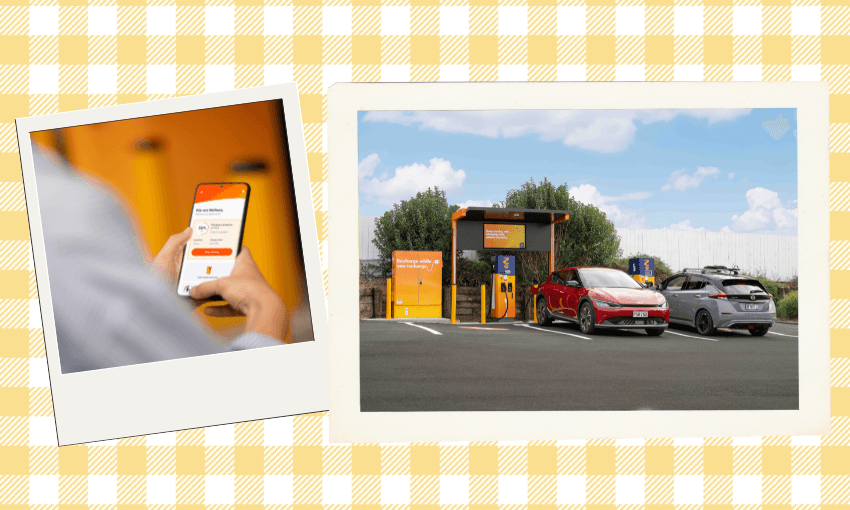 A person uses a smartphone app, while nearby two electric cars charge at an outdoor charging station under a blue sky. Both images are set against a yellow and white checkered background.
