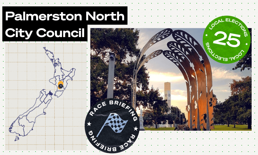 a dotted background, with a photo of The Square in palmy (a metal sculpture and the clocktower) and Palmy marked on an NZ map